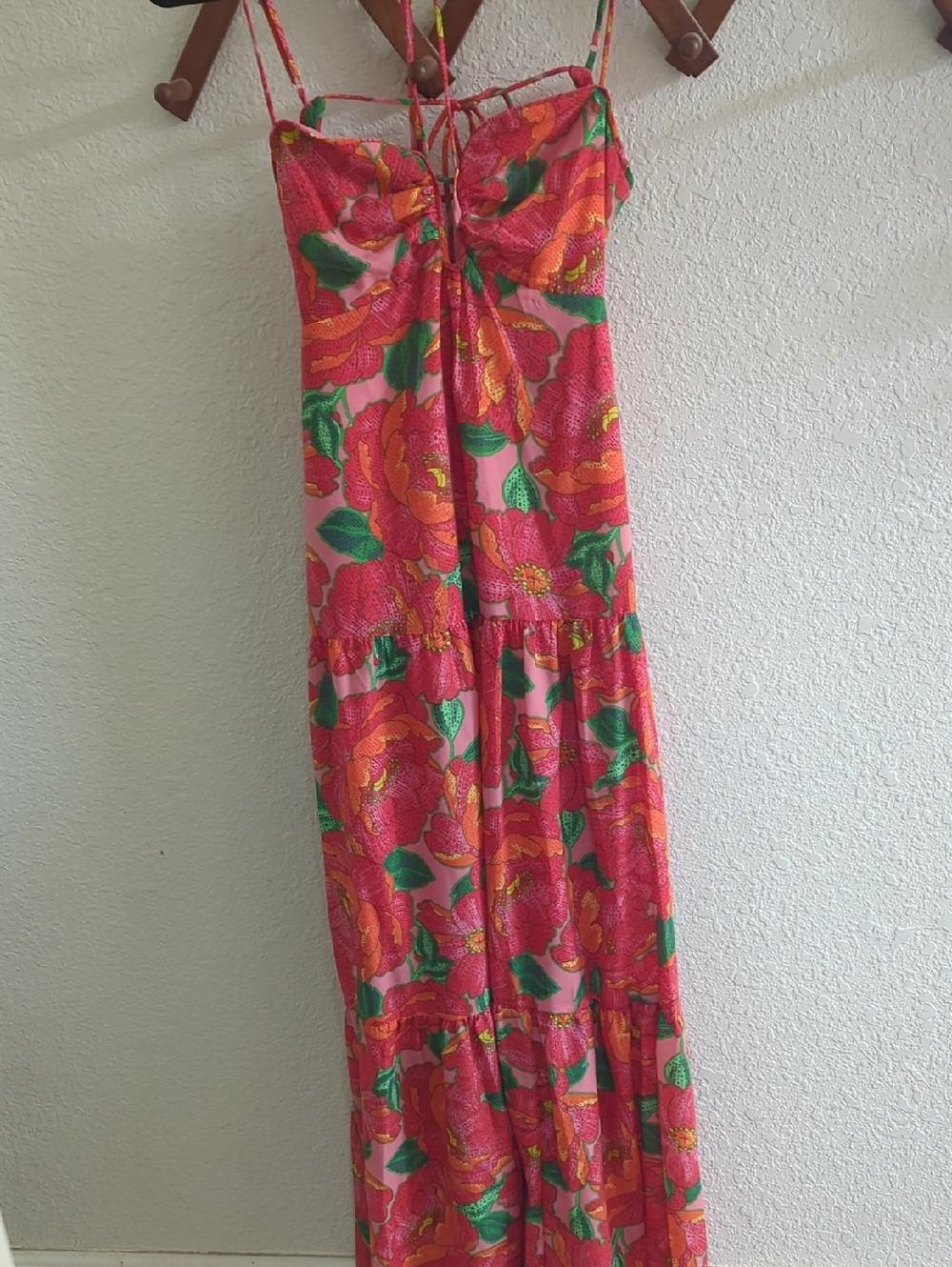 Crystal Doll Pink Floral Maxi Dress with Orange & Green Accents